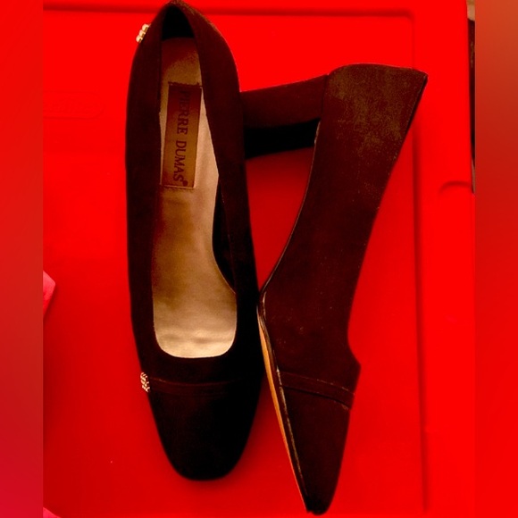 🎩 Pierre Dumas 10 sz block heels rhinestones black satin shoes for party holiday - Picture 3 of 13